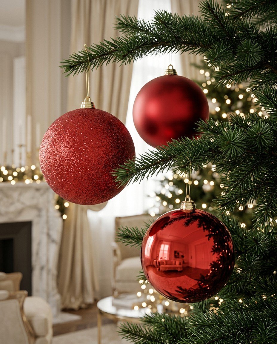Maxi esferas rojas de 20 centímetros colocadas en un árbol de Navidad