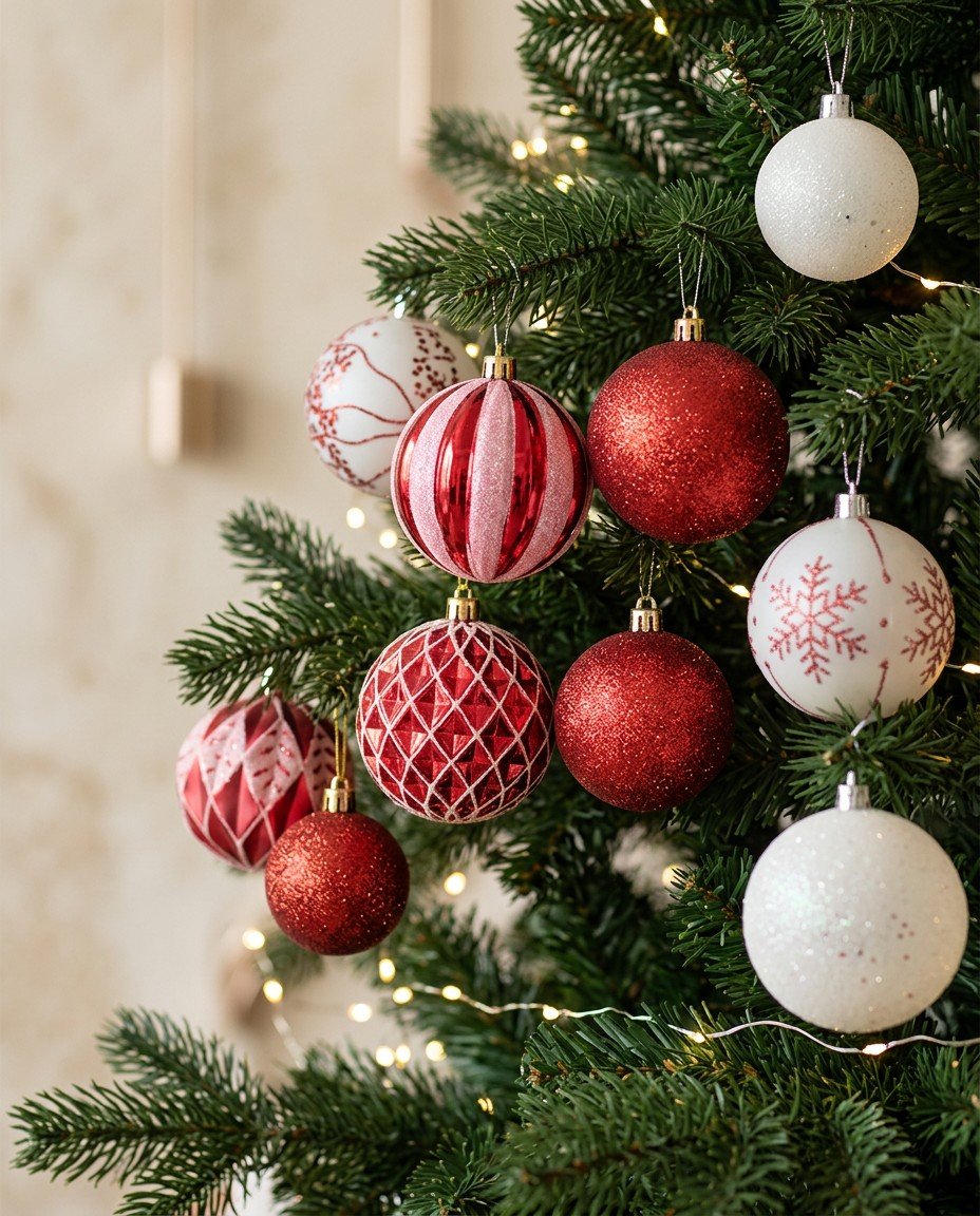 Esferas de 8 centímetros colocadas en un árbol de Navidad